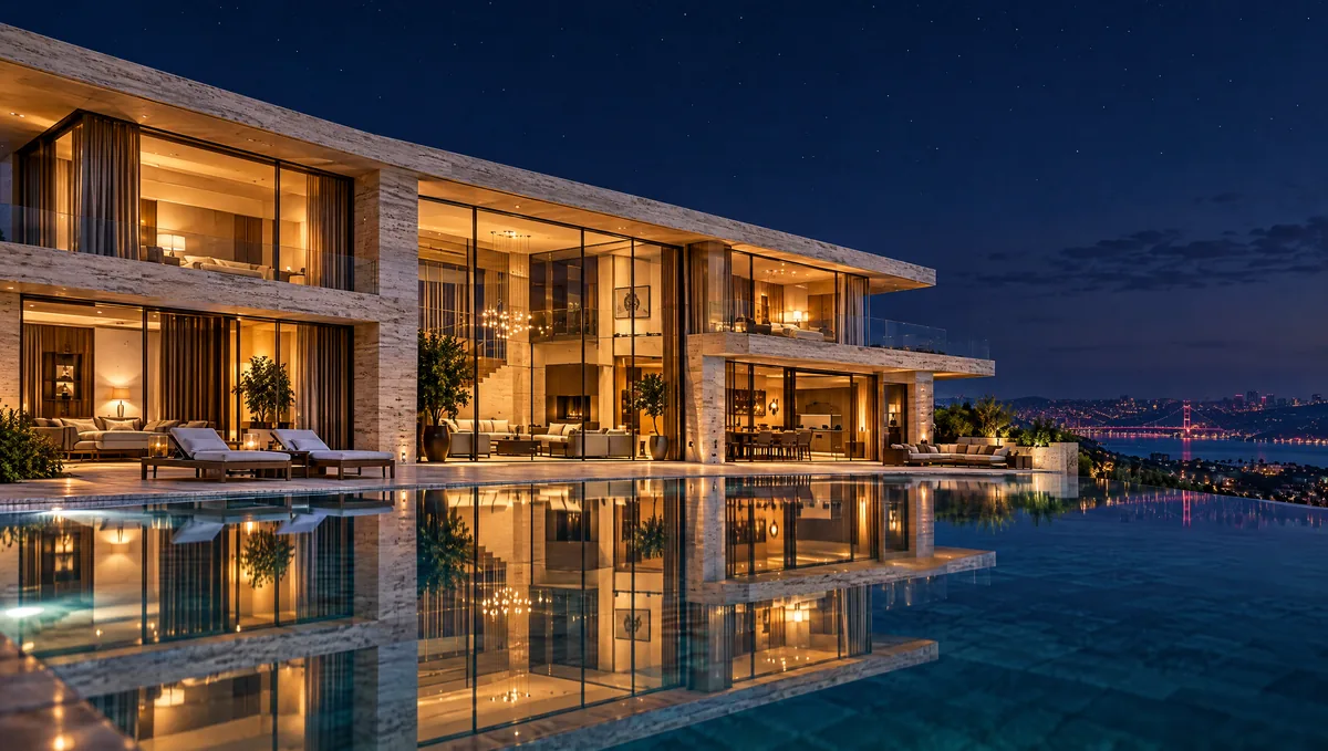 Gece ışıkları havuza yansıyan villa